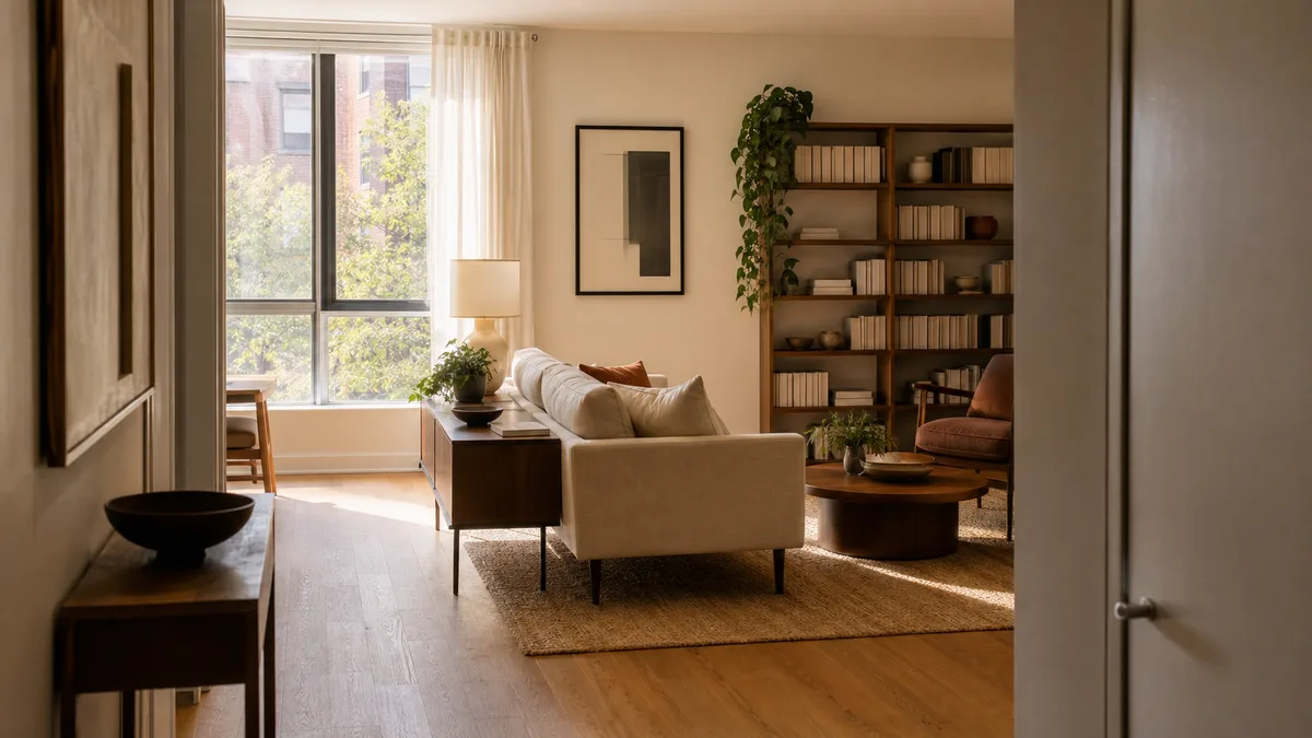 A bright apartment living room seen from the hallway entrance with a cream linen sofa floated away from the wall, a round walnut coffee table, a tall bookshelf with trailing plants, and a woven rug anchoring the seating area