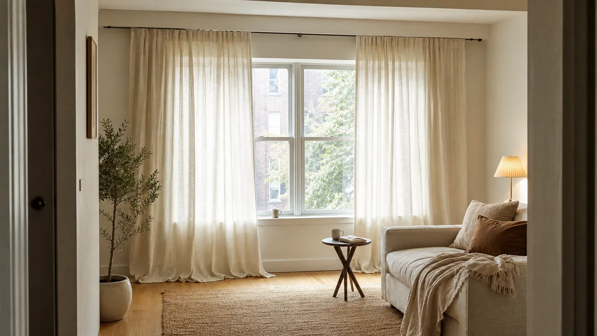 A bright living room with floor-length cream linen curtains framing a large window, a linen sofa with textured throw to the right, morning daylight filling the room, warm white walls
