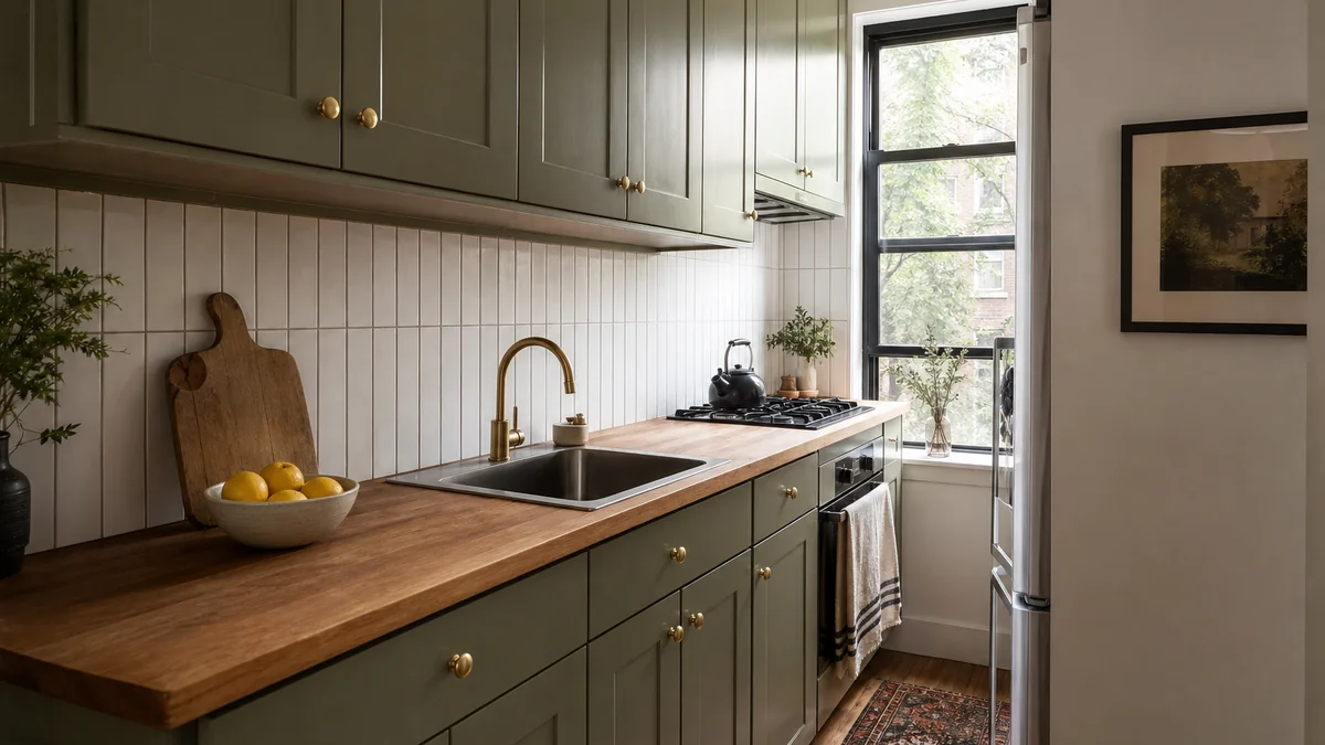 A compact one-wall kitchen with sage green cabinets running to the ceiling, brass knobs, a butcher block counter with a bowl of lemons, vertically stacked white tile, and daylight from a window at the end of the run