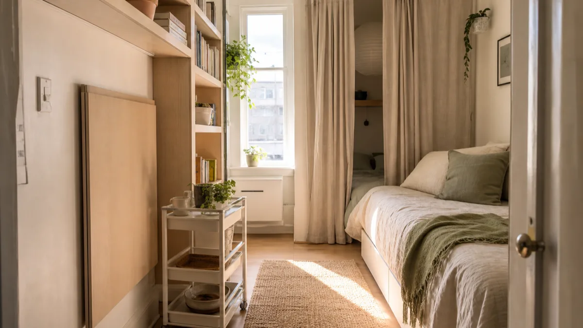 A bright studio apartment seen from the doorway with a fold-down desk closed against the wall, ceiling-height shelves on the left, a rolling cart beside a linen daybed, and a gathered curtain revealing a sleeping nook