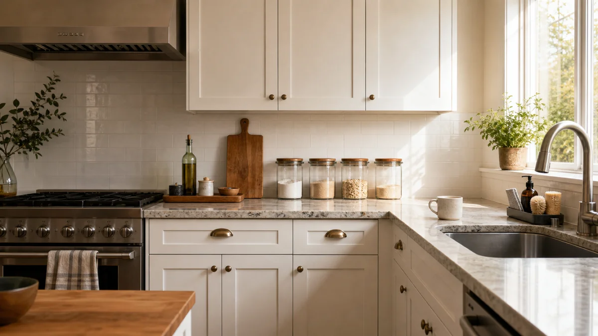 A bright kitchen with organized countertops showing a grouped tray near the stove, clear canisters along the backsplash, a sink caddy, and clean clear surfaces with white shaker cabinets