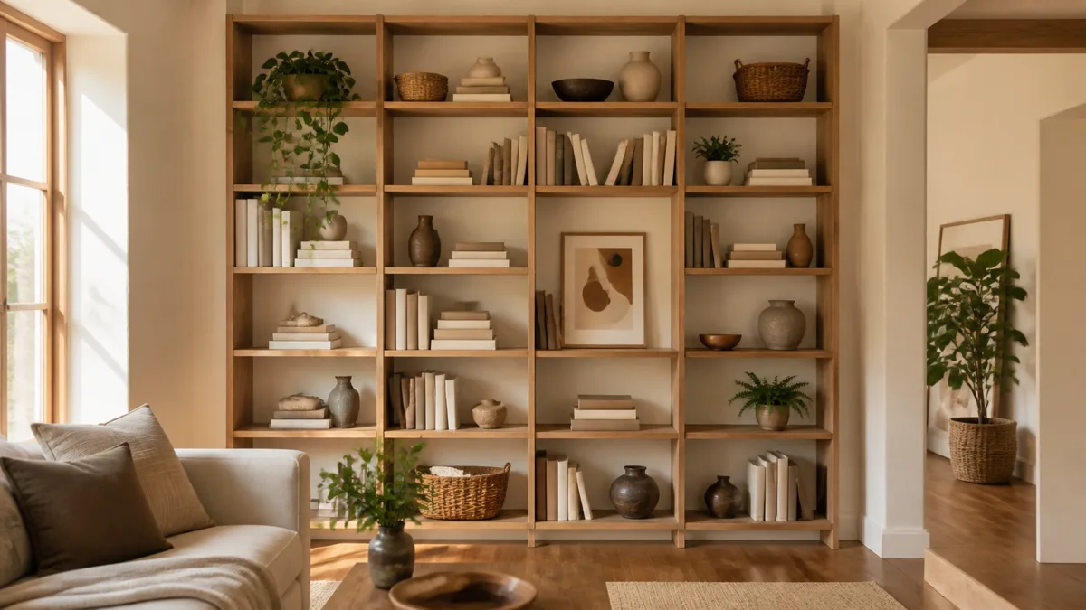 A full-height open bookshelf in a bright living room styled with horizontal book stacks, trailing pothos, ceramic vases, and one intentionally sparse shelf in warm neutral tones