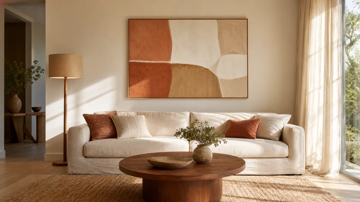 A bright living room with a large framed abstract canvas in earth tones above a natural linen sofa, walnut coffee table on a jute rug, and afternoon sunlight through sheer curtains