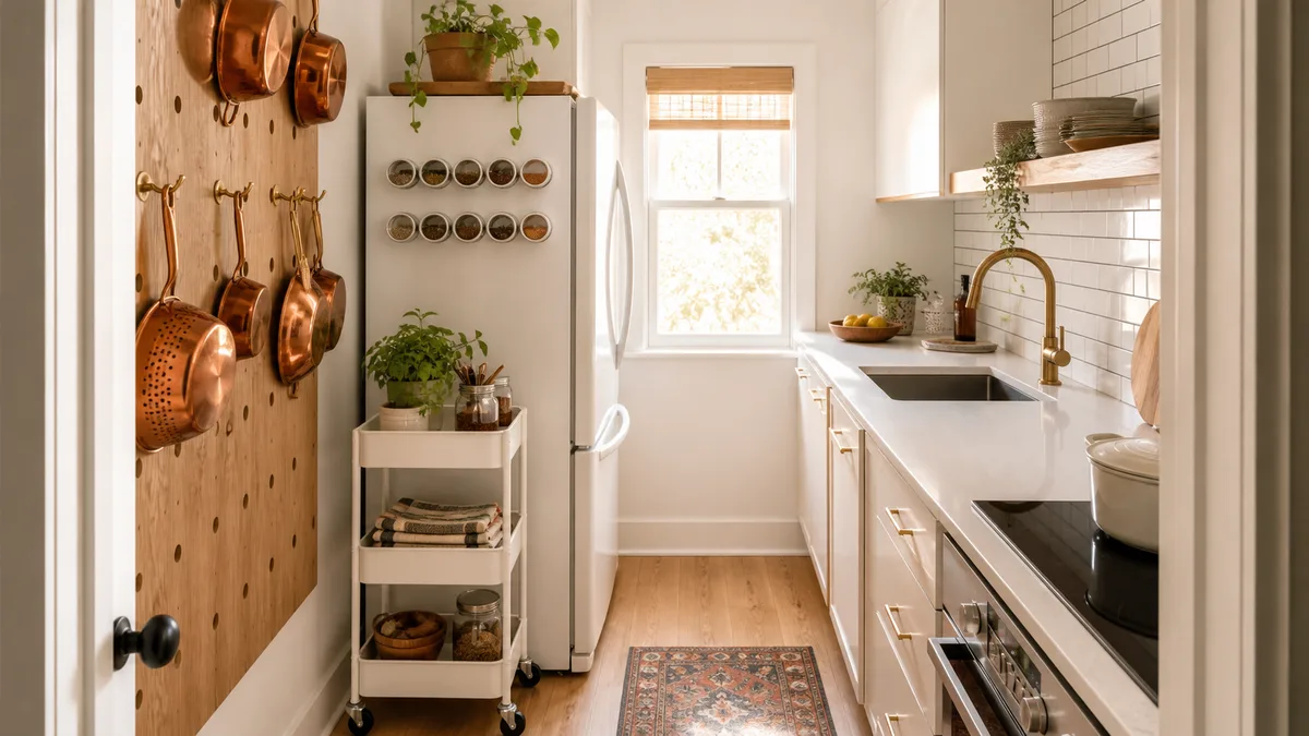 A bright galley kitchen with a pegboard holding copper pots on the left wall, a slim rolling cart beside the fridge, magnetic spice jars on the fridge side panel, and clean white counters with warm wood accents