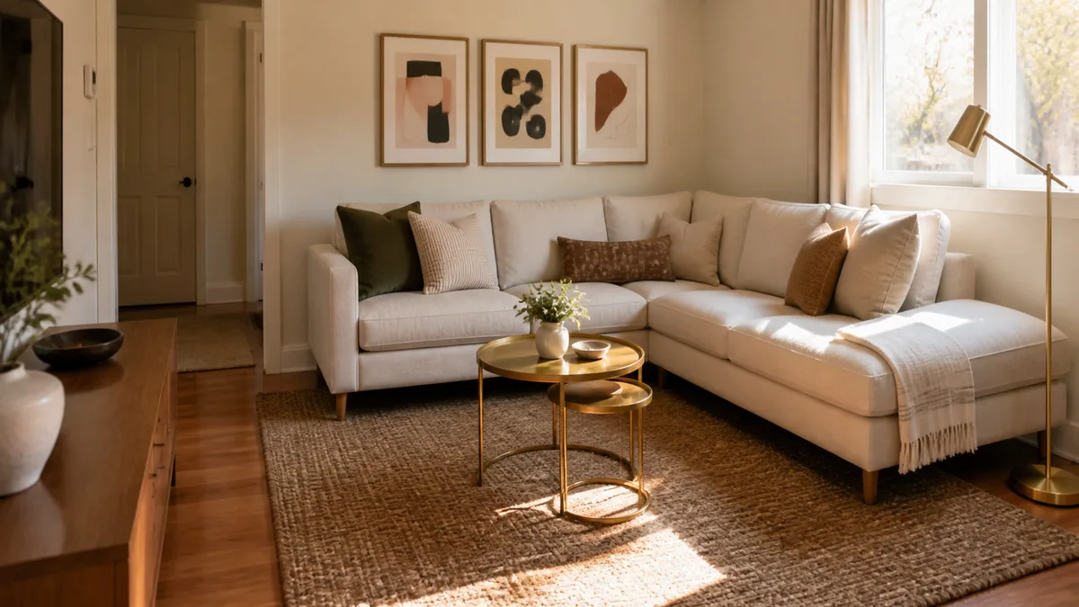 A bright small living room with a light oatmeal L-shaped sectional floated off the wall, brass nesting tables in front, a slim floor lamp beside the open end, and a gallery of three framed prints above the sofa with warm afternoon light from a window on the right