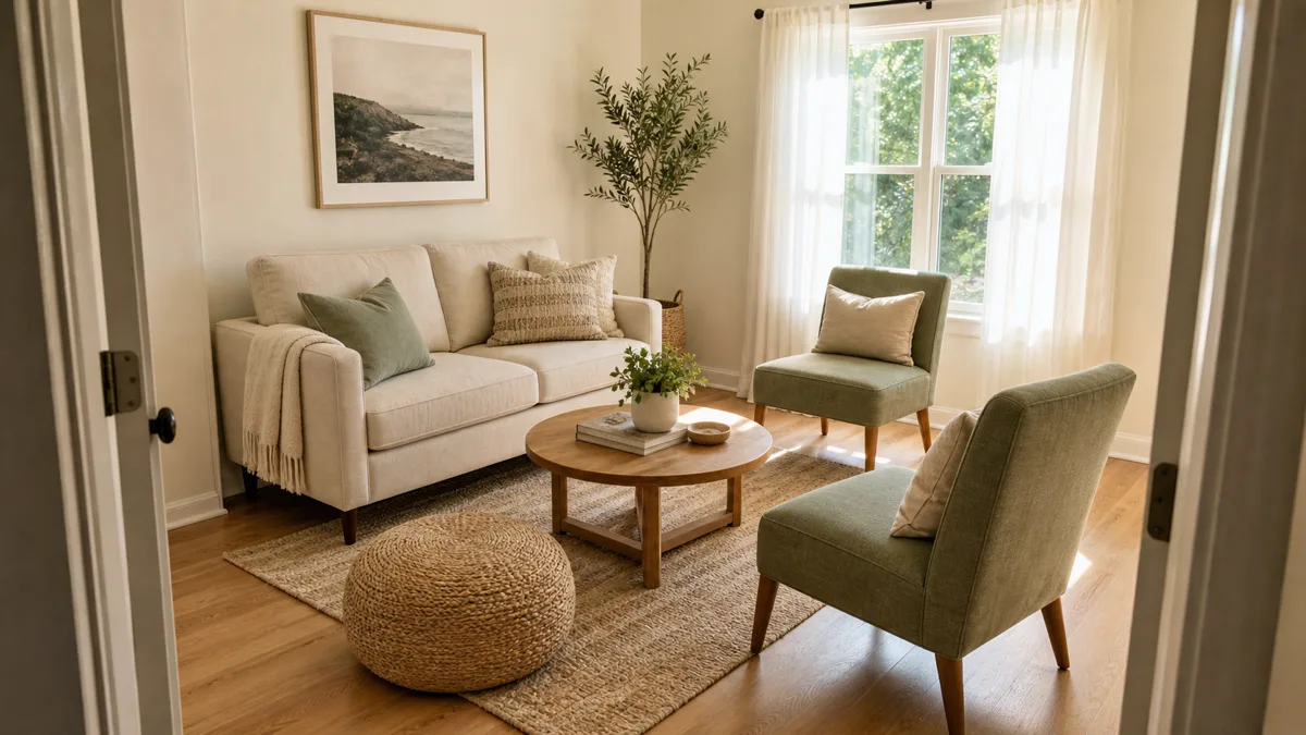 A bright small living room with a compact loveseat, two armless accent chairs in sage green, a woven pouf, and a round coffee table arranged on a natural rug with sunlight through sheer curtains