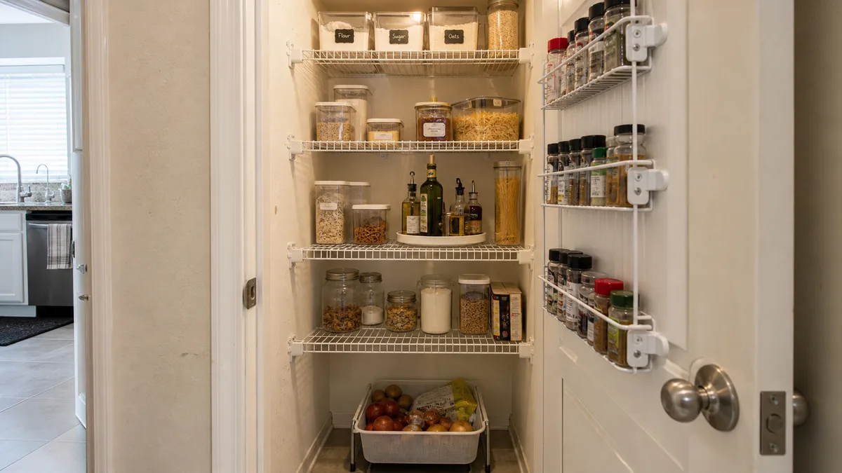 A small closet pantry with the door open showing five white wire shelves stocked with labeled bins, glass jars, a turntable holding oil bottles, a door-mounted spice rack, and a pull-out bin on the floor holding onions and potatoes